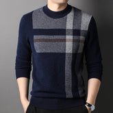 Mens Plaid Pattern Pure Cashmere Sweater Crew Neck Long Sleeve Tops with Ribbed Hem